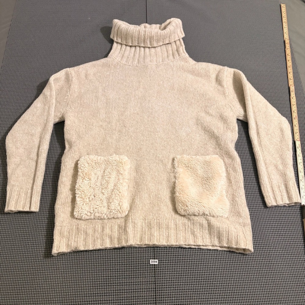 Magaschoni Womens Beige Turtleneck Faux Fur Pocket Sweater Size M